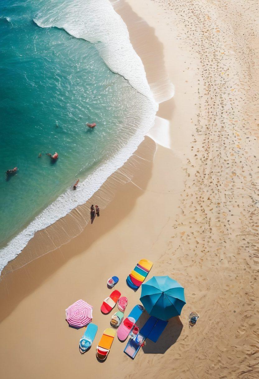 A stylish summer scene showcasing vibrant beachwear essentials on a sunny beach, featuring a diverse group of fashionable individuals flaunting trendy swimsuits and accessories. Include colorful beach umbrellas, flip flops, and a playful beach ball to enhance the festive atmosphere. The background should have sparkling blue ocean waves and soft sandy shores. super-realistic. vibrant colors.